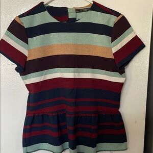 Zara Blue and Red Boxy Peplum Blouse Short Sleeve Small